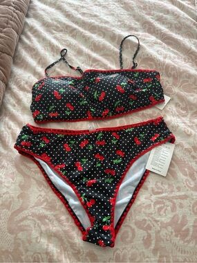 Black Cherry Print Bikini Set with Red Trim